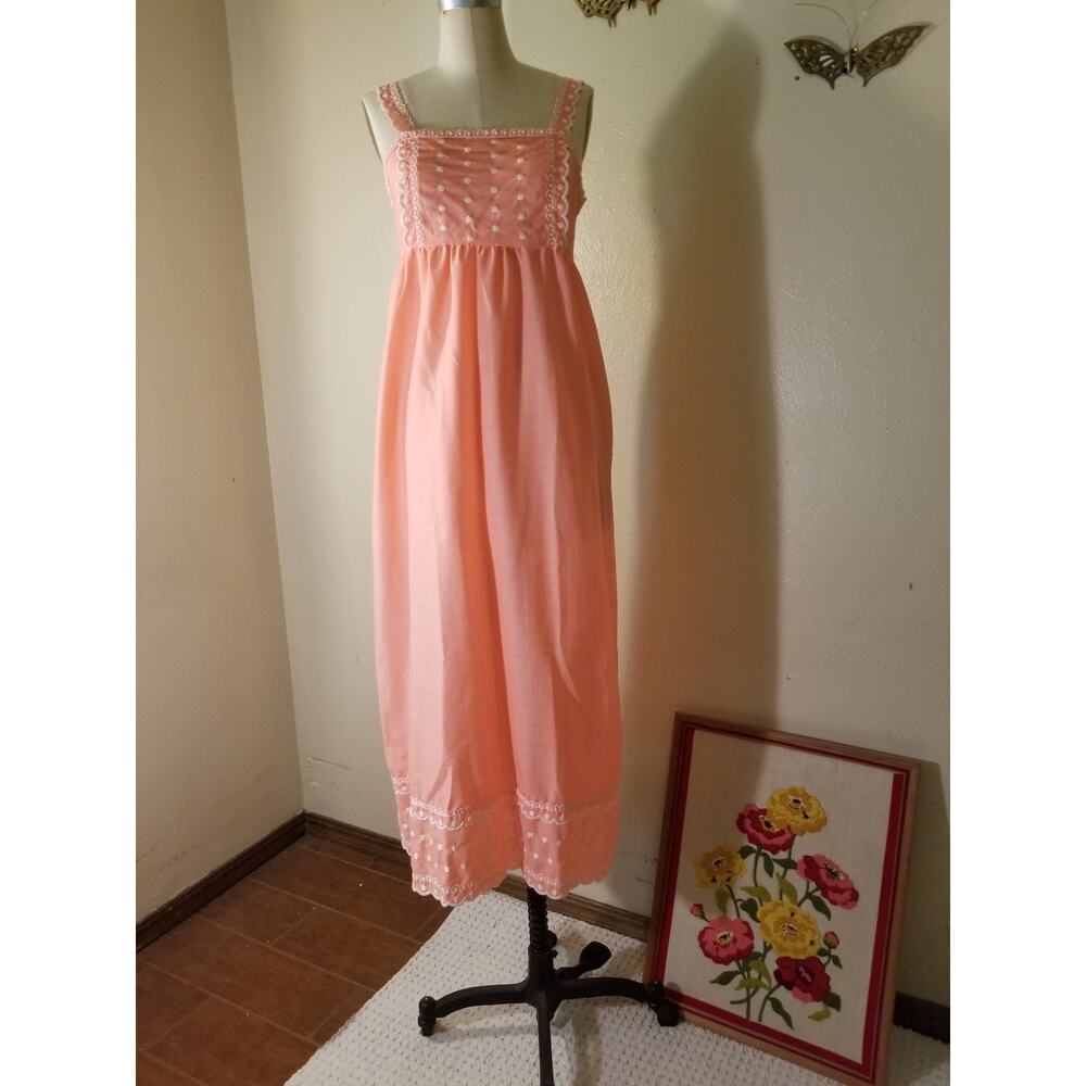 70's Vintage Peach and White Maxi Embroidered Sundress